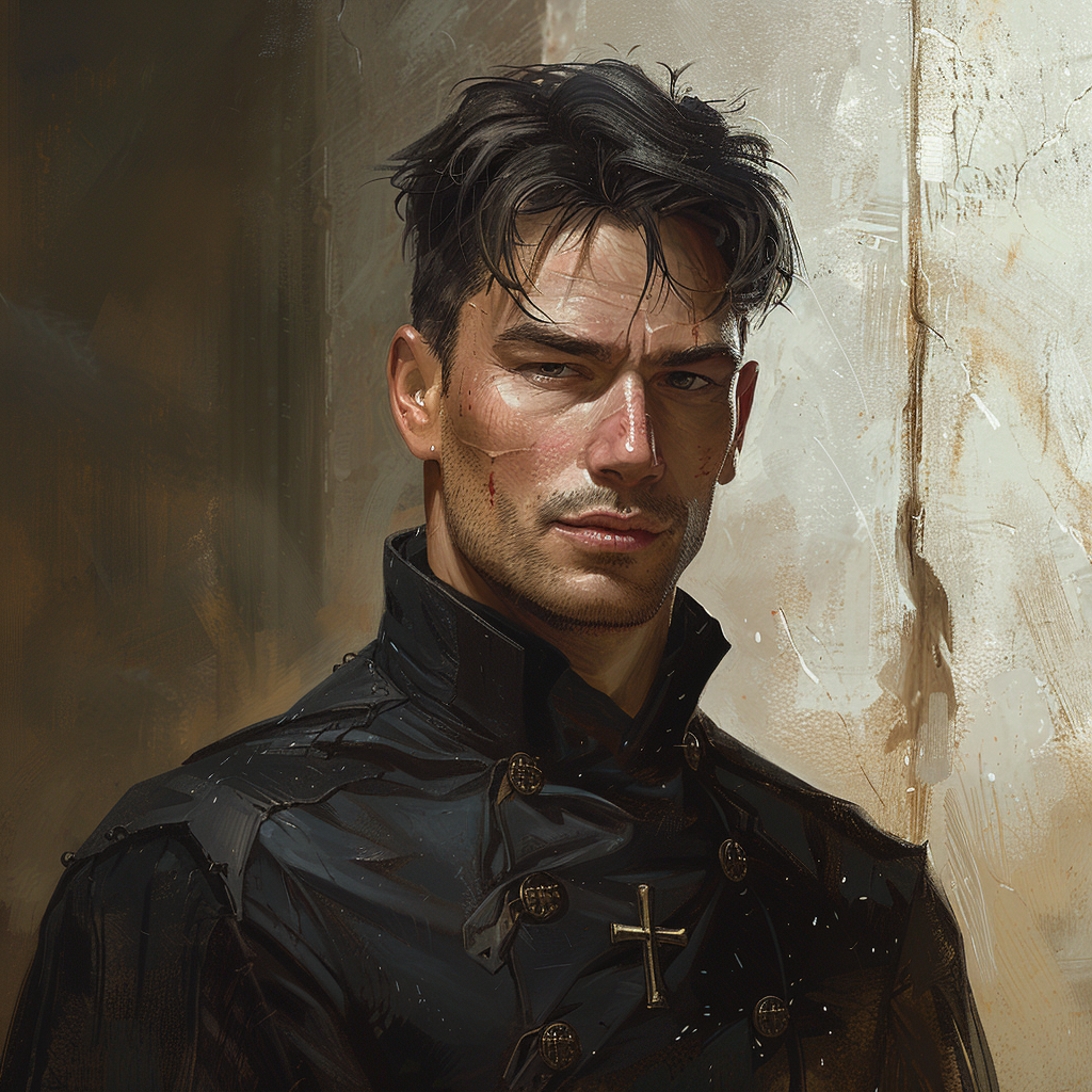 Rugged priest Simon in dystopian setting, unique features highlighted.