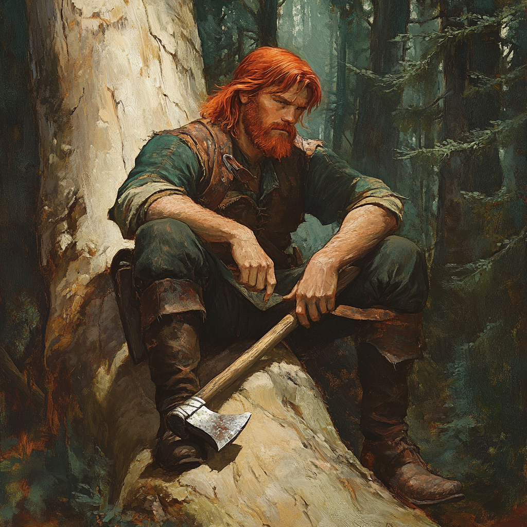 Rugged woodsman with red hair in ancient forest.