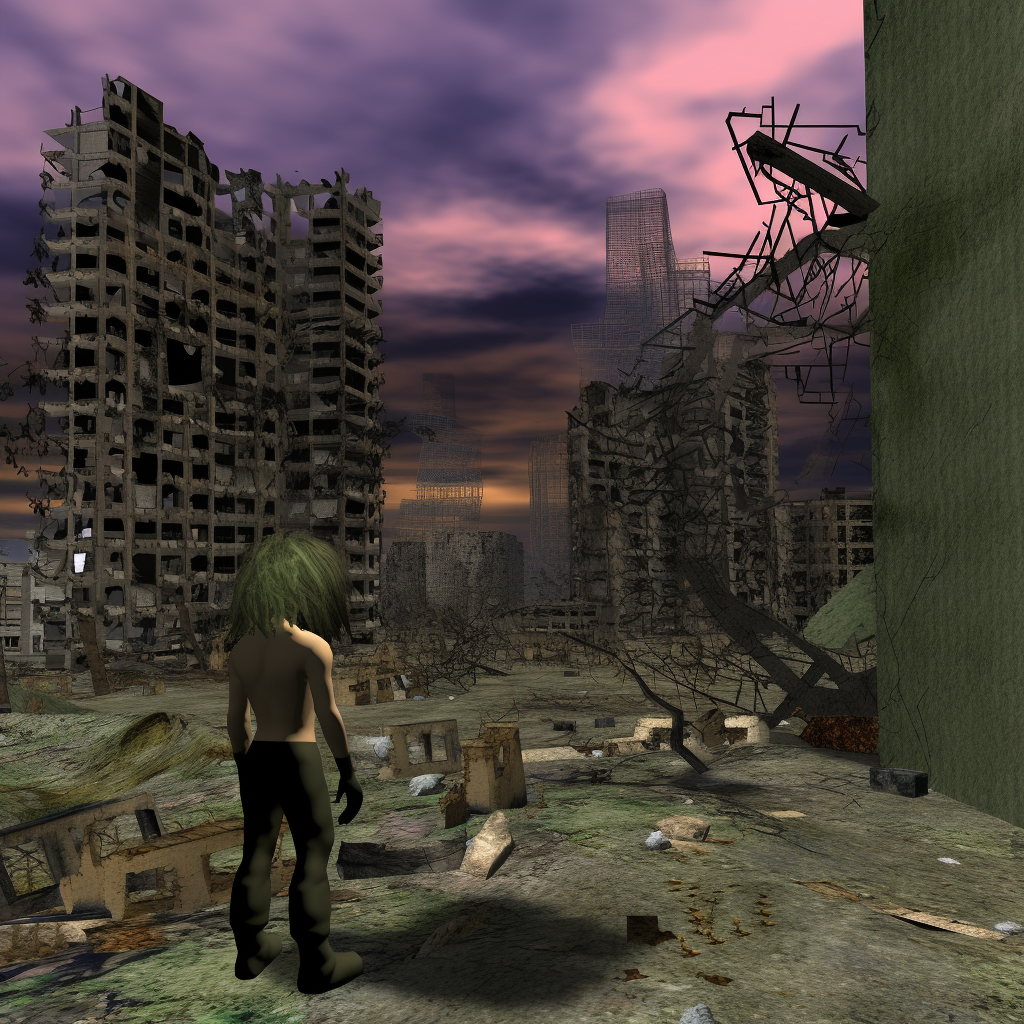 Ruined city in background, glitch landscape, PS1 screencapture.