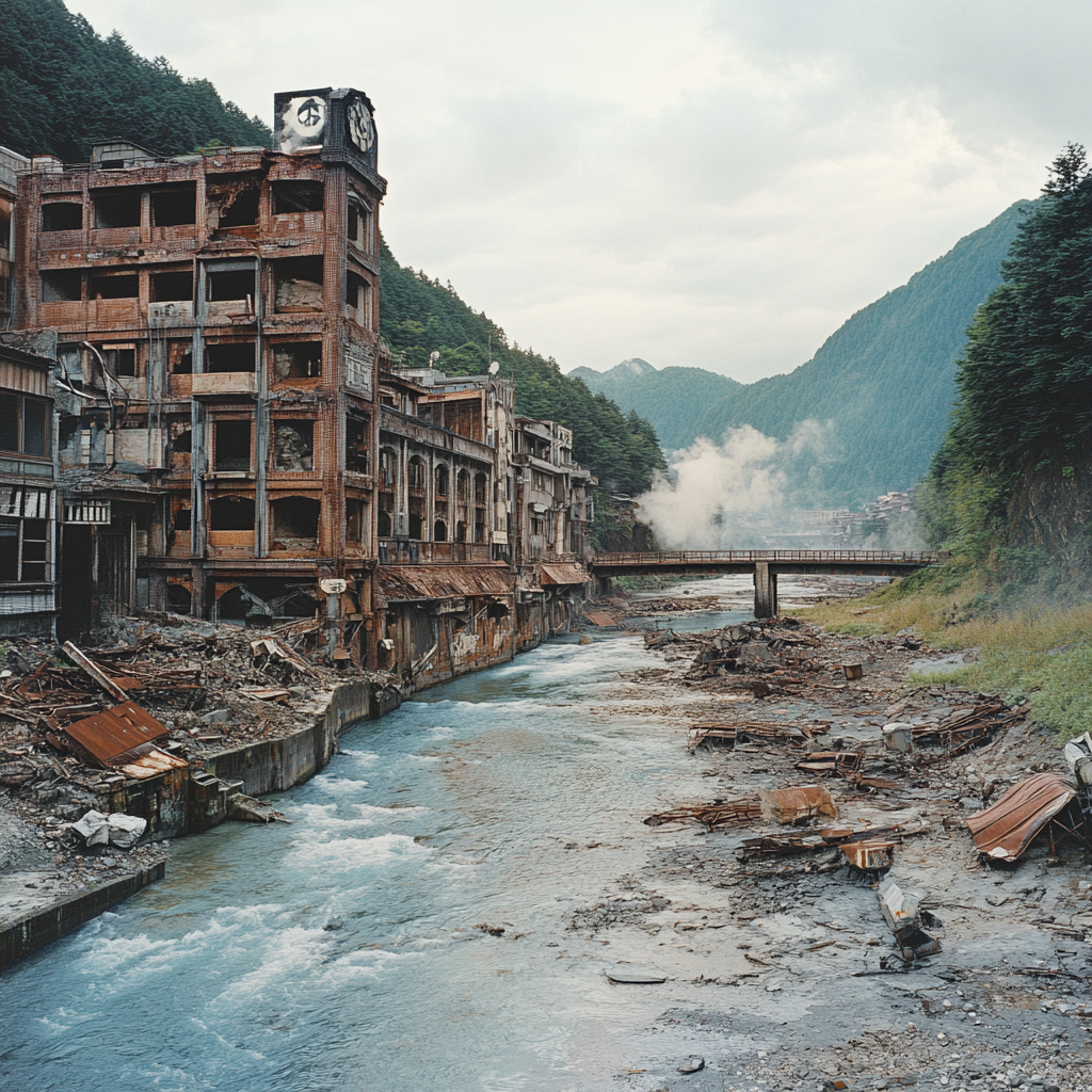 Ruined hotels by river with broken bridge.