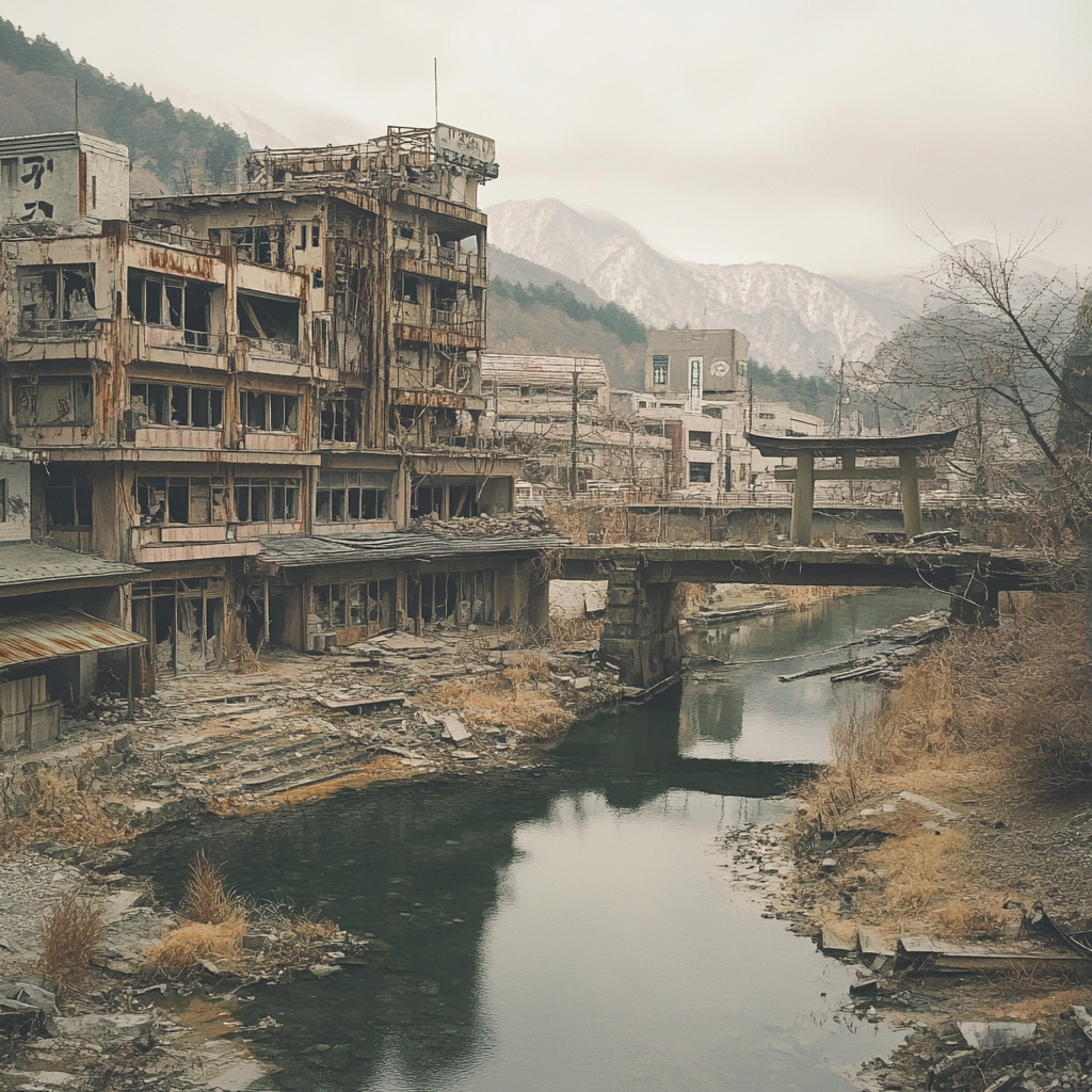 Ruined hotels in hot spring town by river.