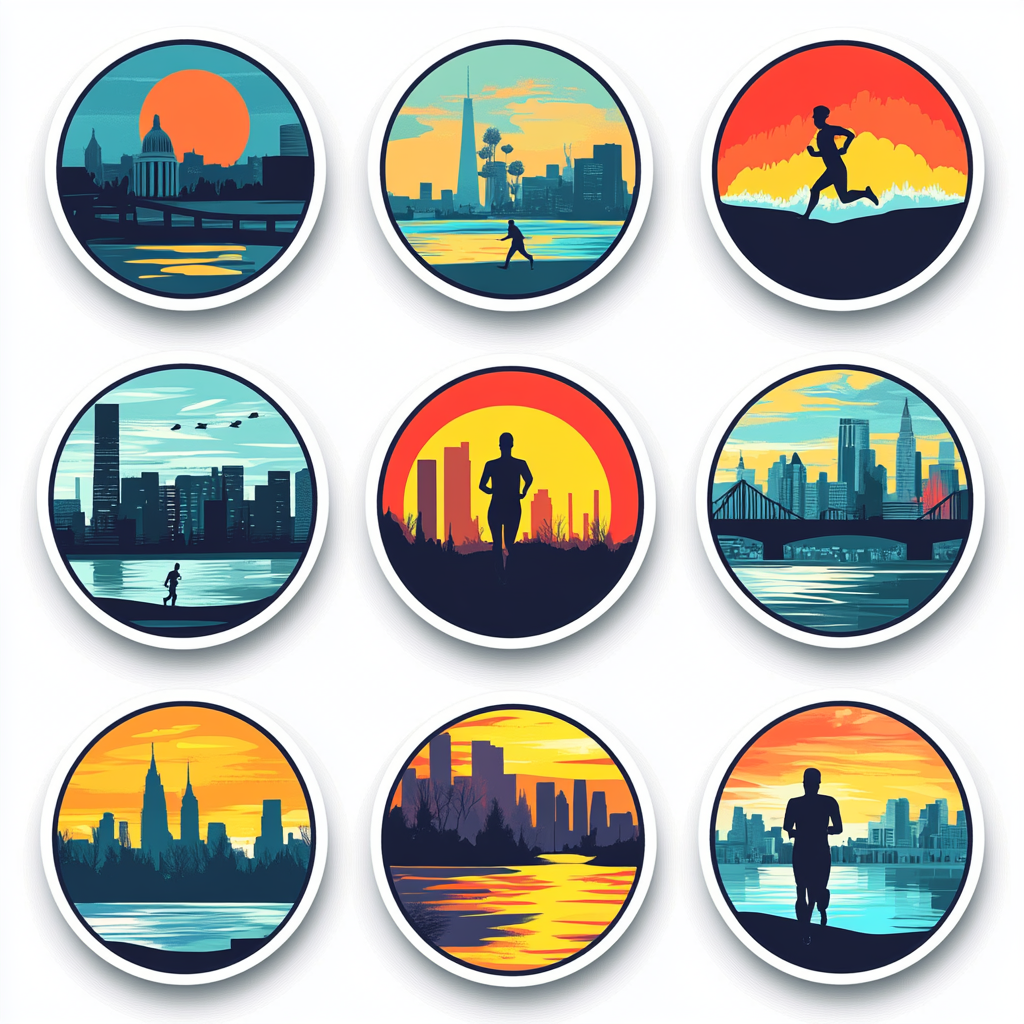 Runner Circular Badges with Cityscape, Nylon Cotton Stickers