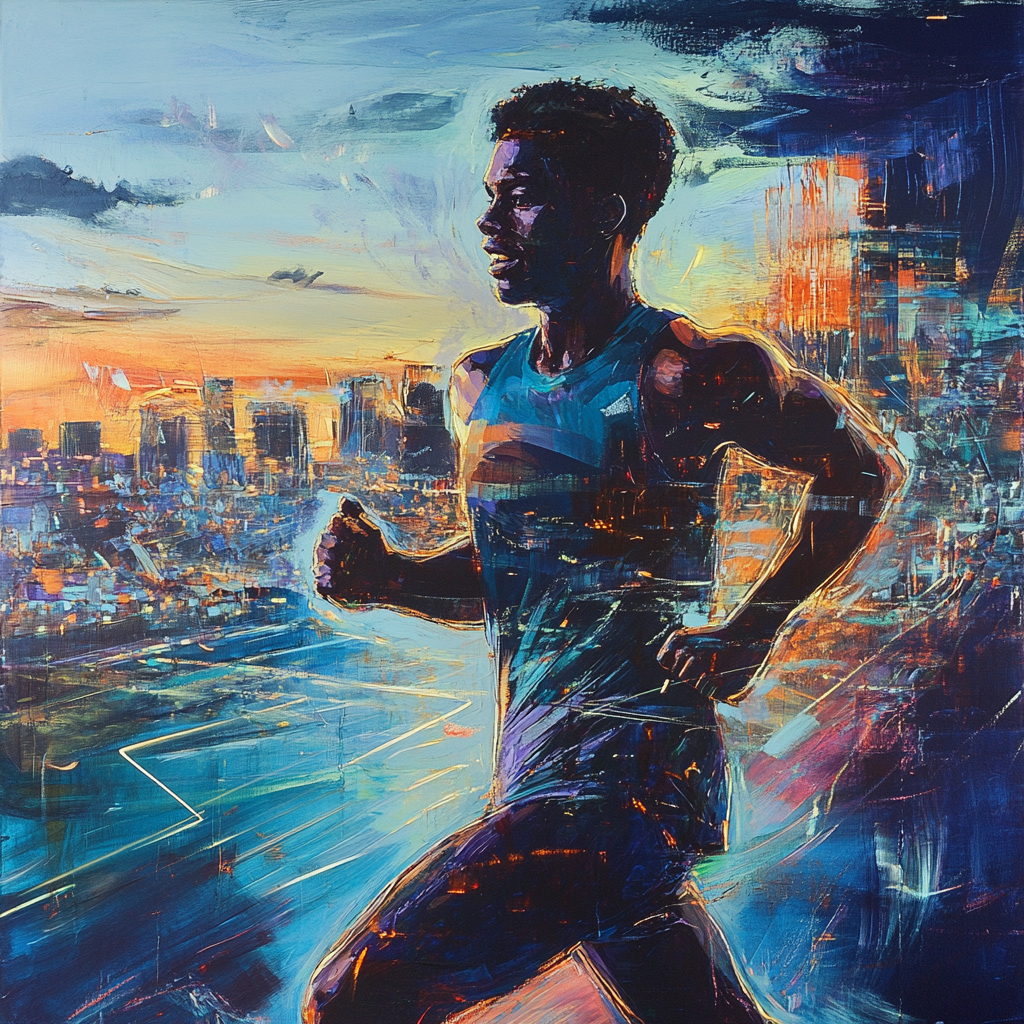 Runner in city at dusk with calming sky colors.