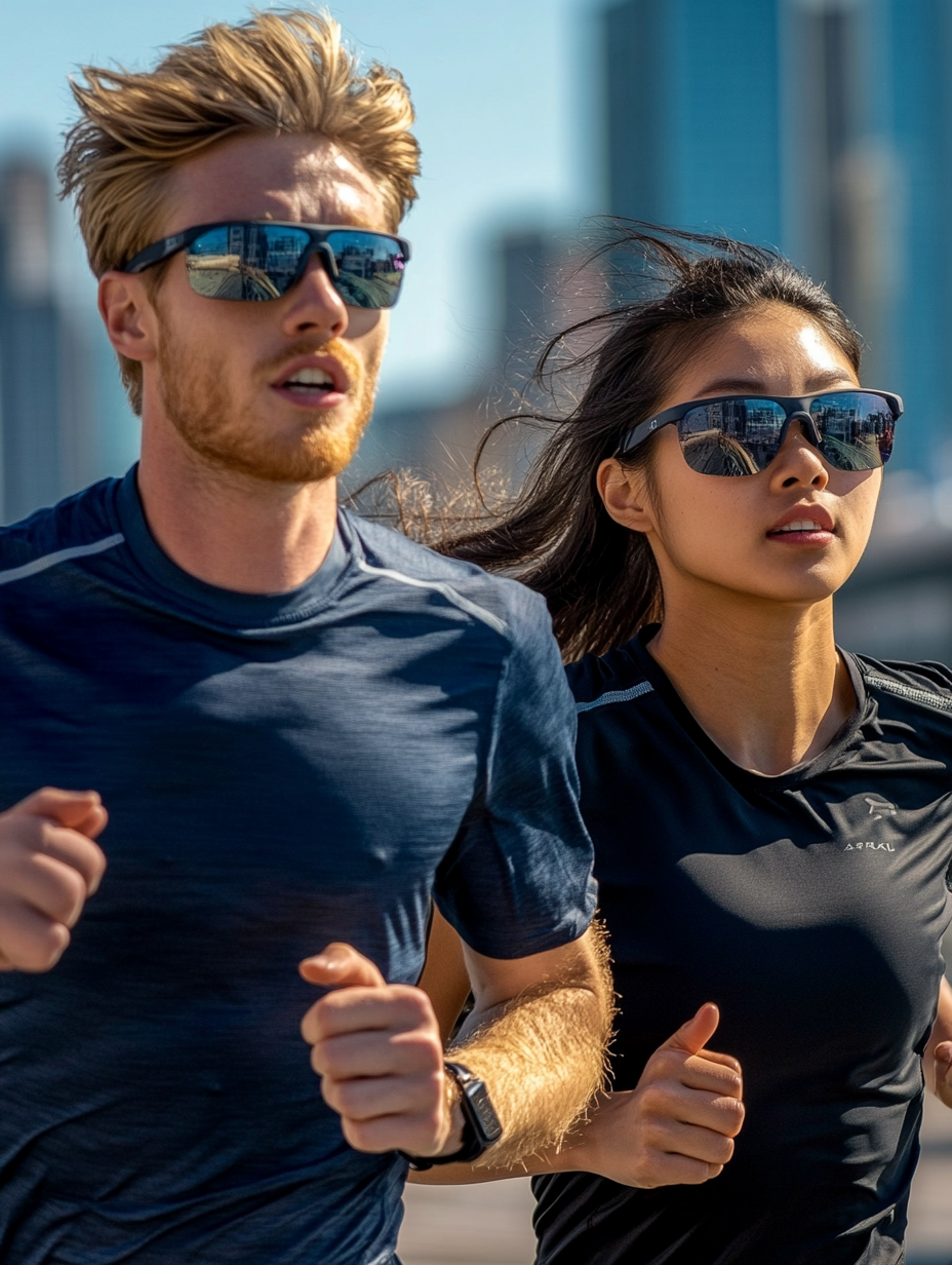 Running couple wearing sunglasses in city