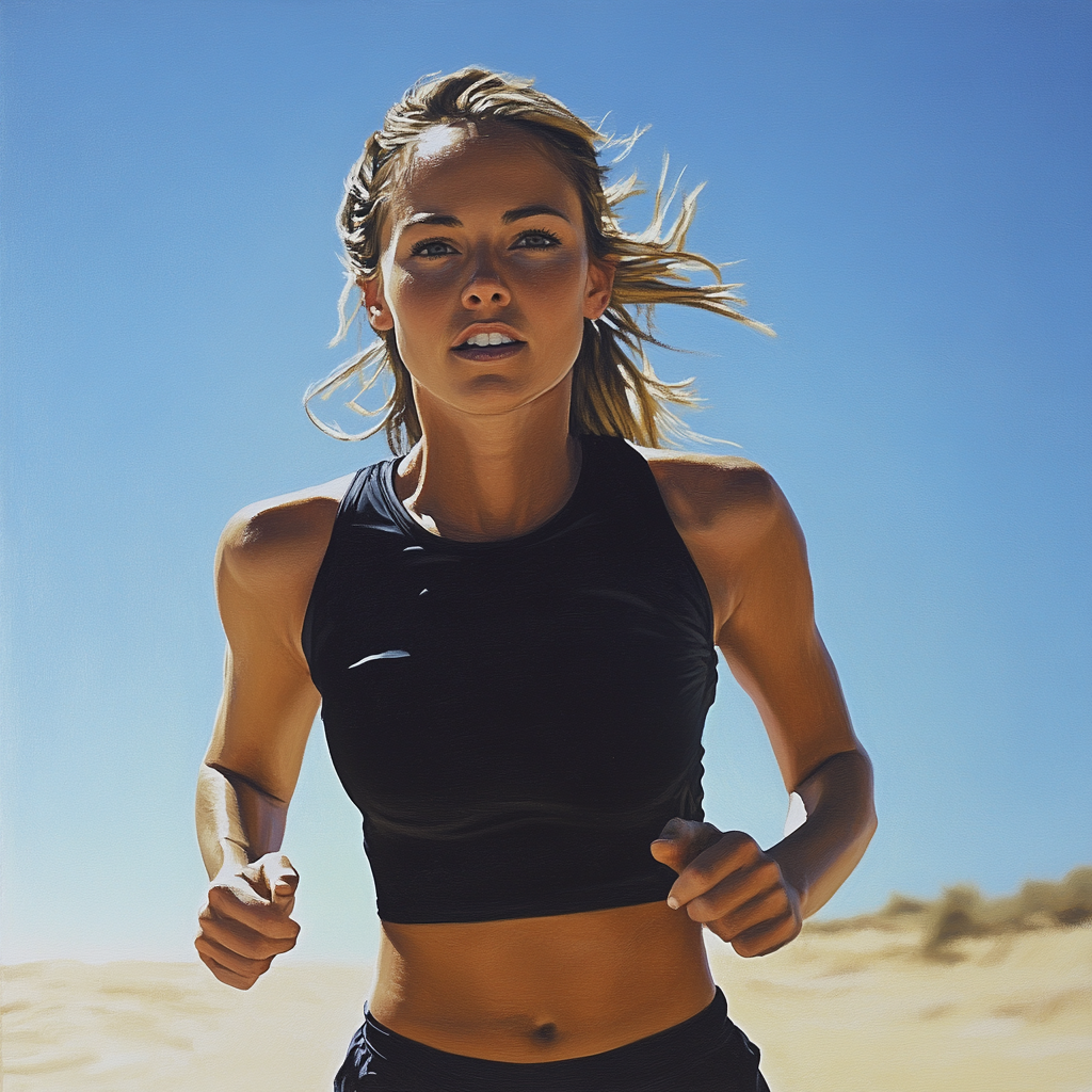 Running woman on beach with wet hair