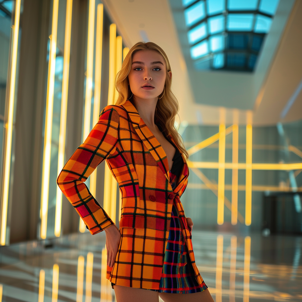 Runway Ready: Brightly Dressed Model in Modern Office