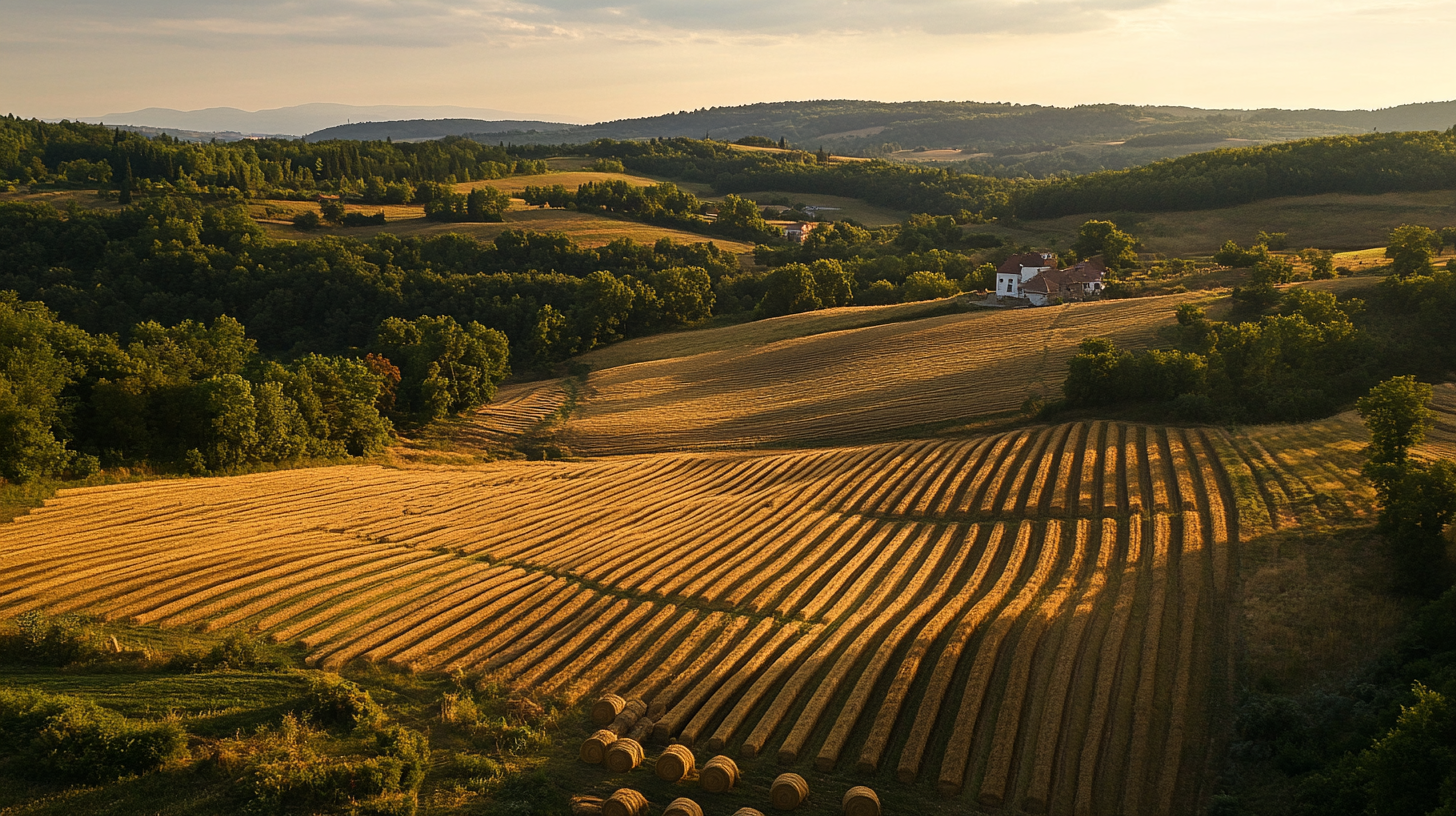 Rural landscape with terraced fields, harvested bundles of hay