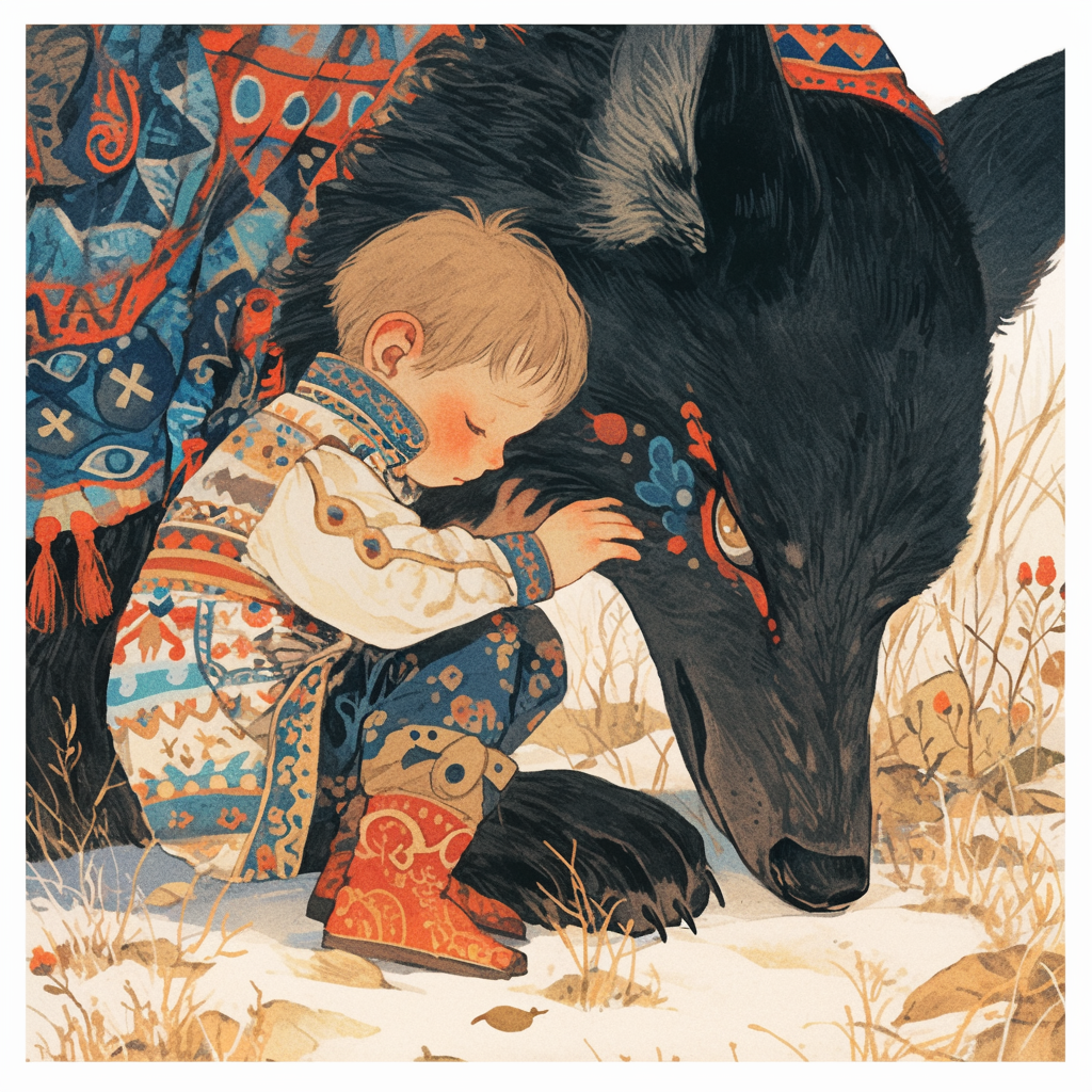 Russian boy in embroidered shirt hugs wolf's leg.