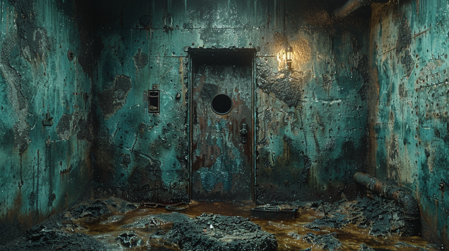 Rusted metal doors, cracked walls, broken military equipment, eerie.