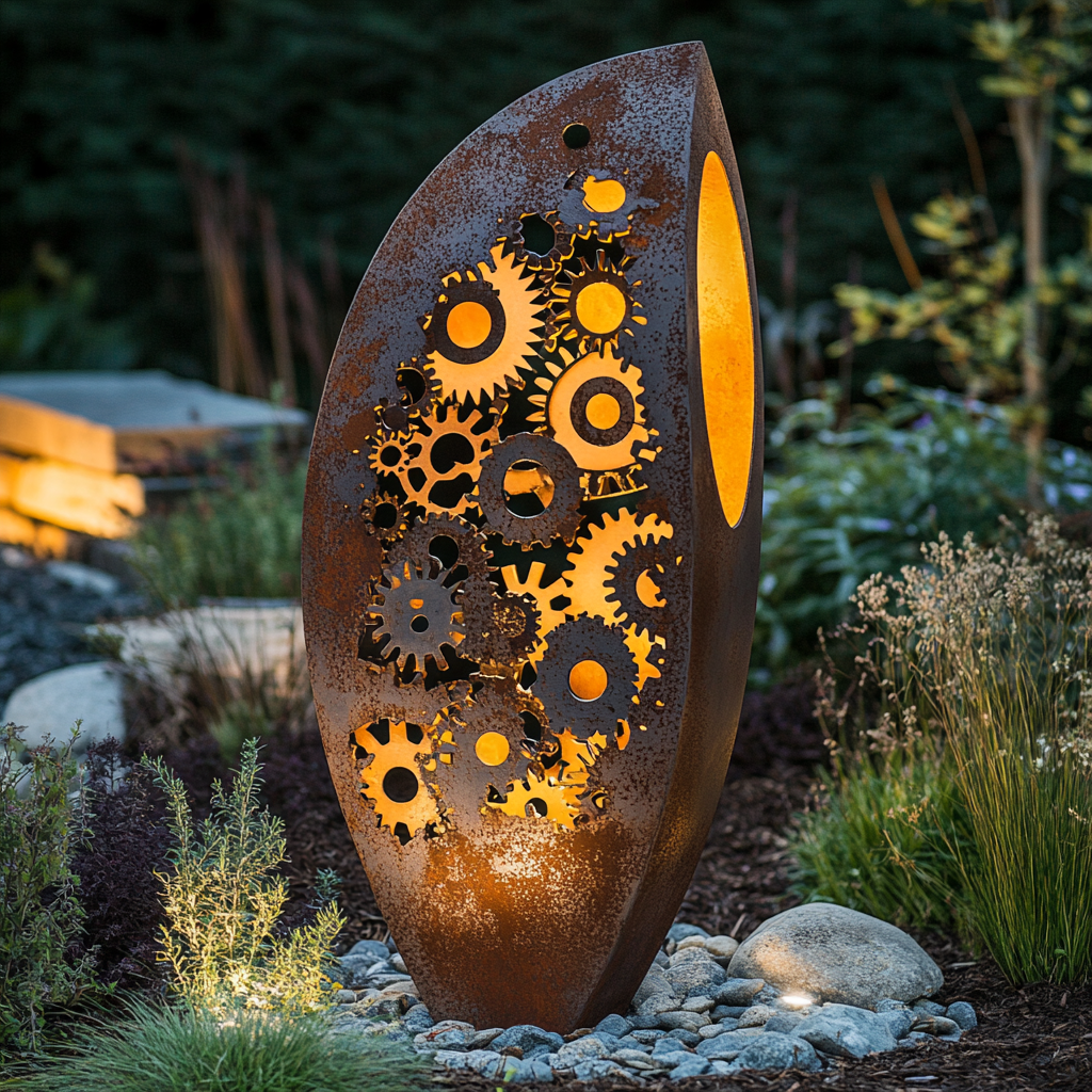 Rusted metal sculpture with gears, shadows in garden.