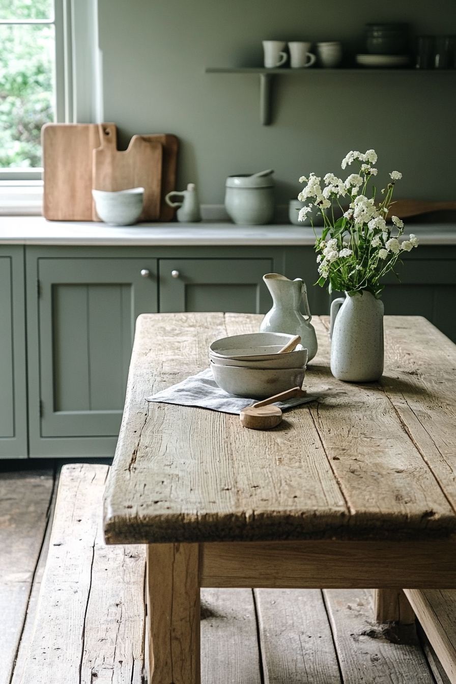 Rustic Chic Minimalist Kitchen with Sage Green Cabinetry