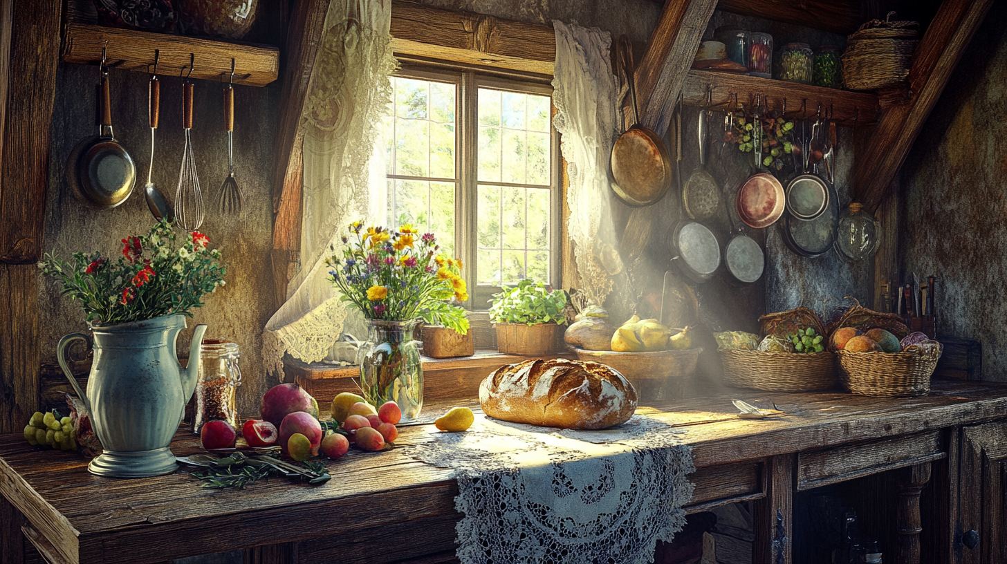 Rustic Kitchen Scene with Vintage Utensils and Fresh Bread