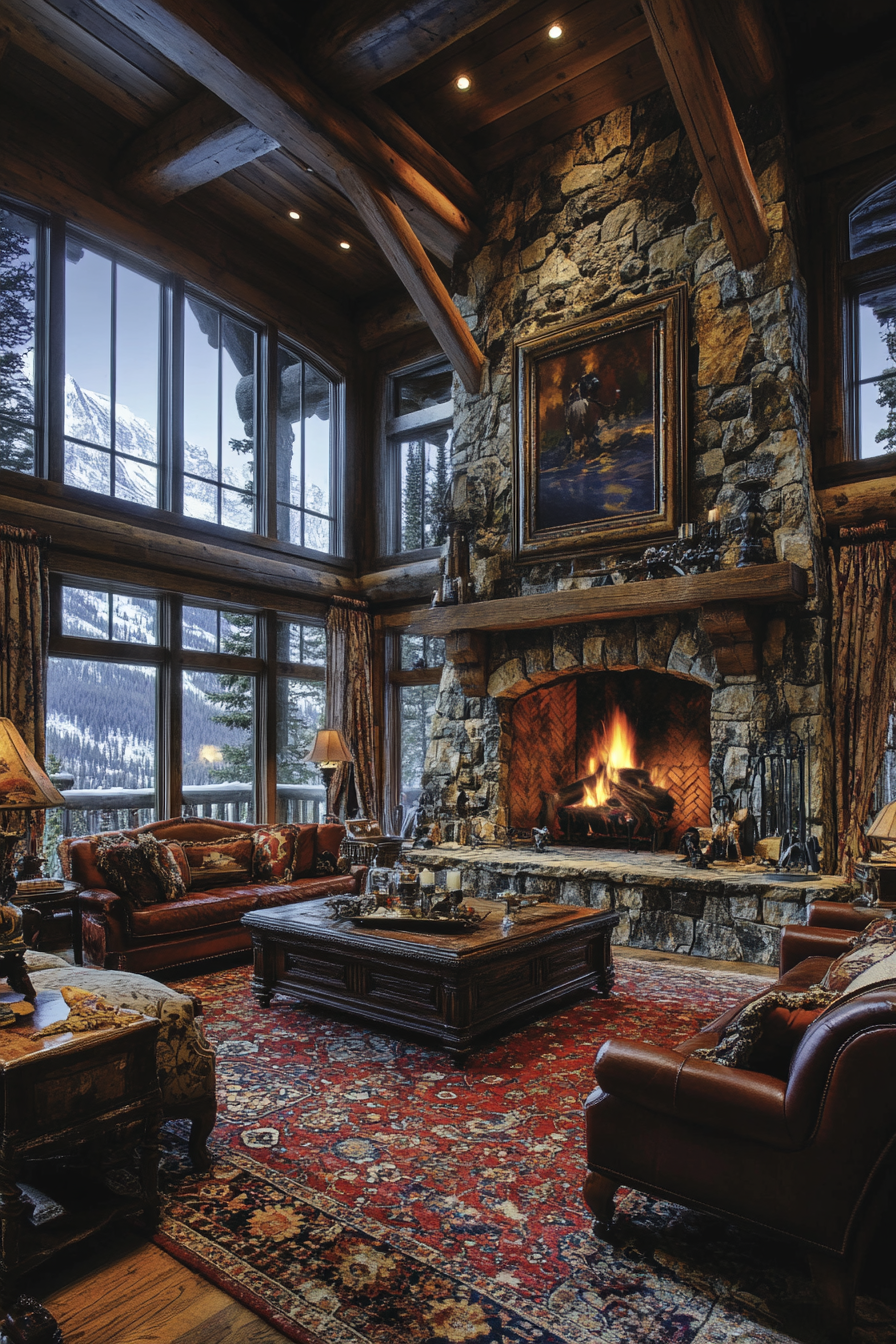 Rustic Stone Hearth in Cozy Country Living Room