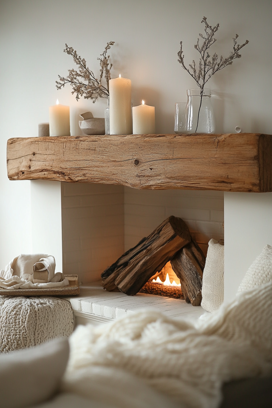 Rustic Wood Mantle Adorns Cozy Corner Fireplace