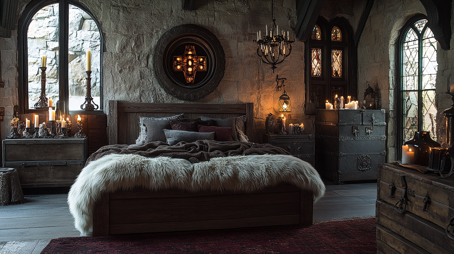 Rustic bed with iron detailing, faux fur throw, candles.