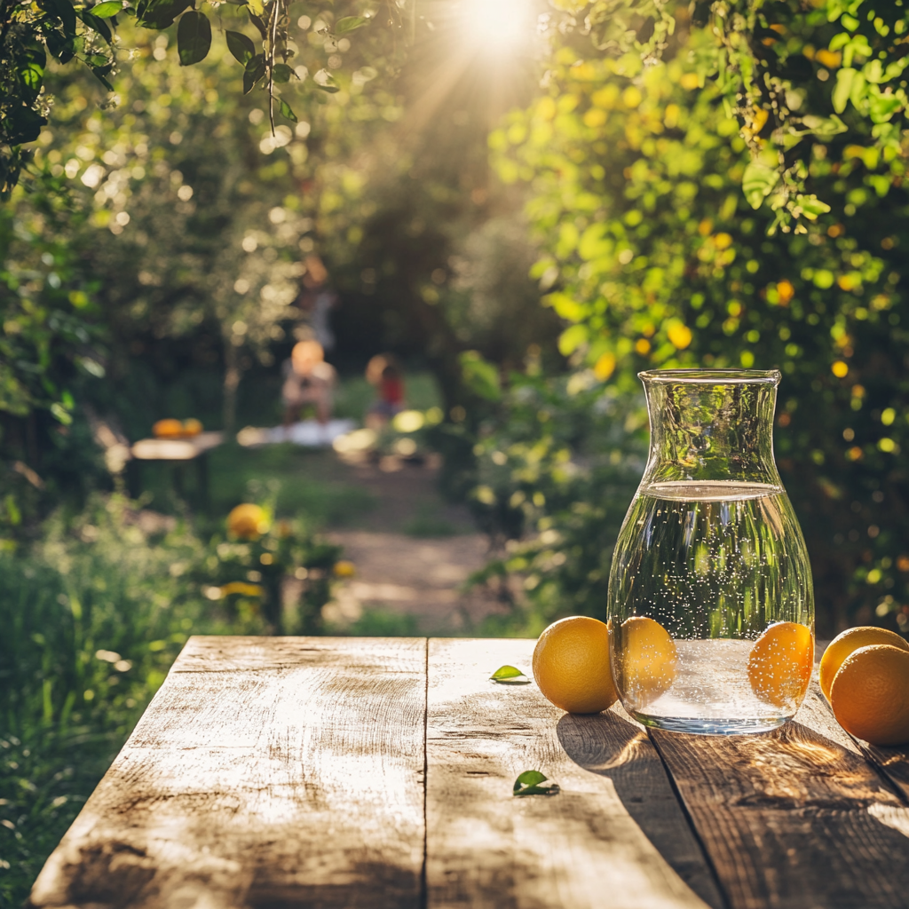 Rustic garden table with glass carafe of water.