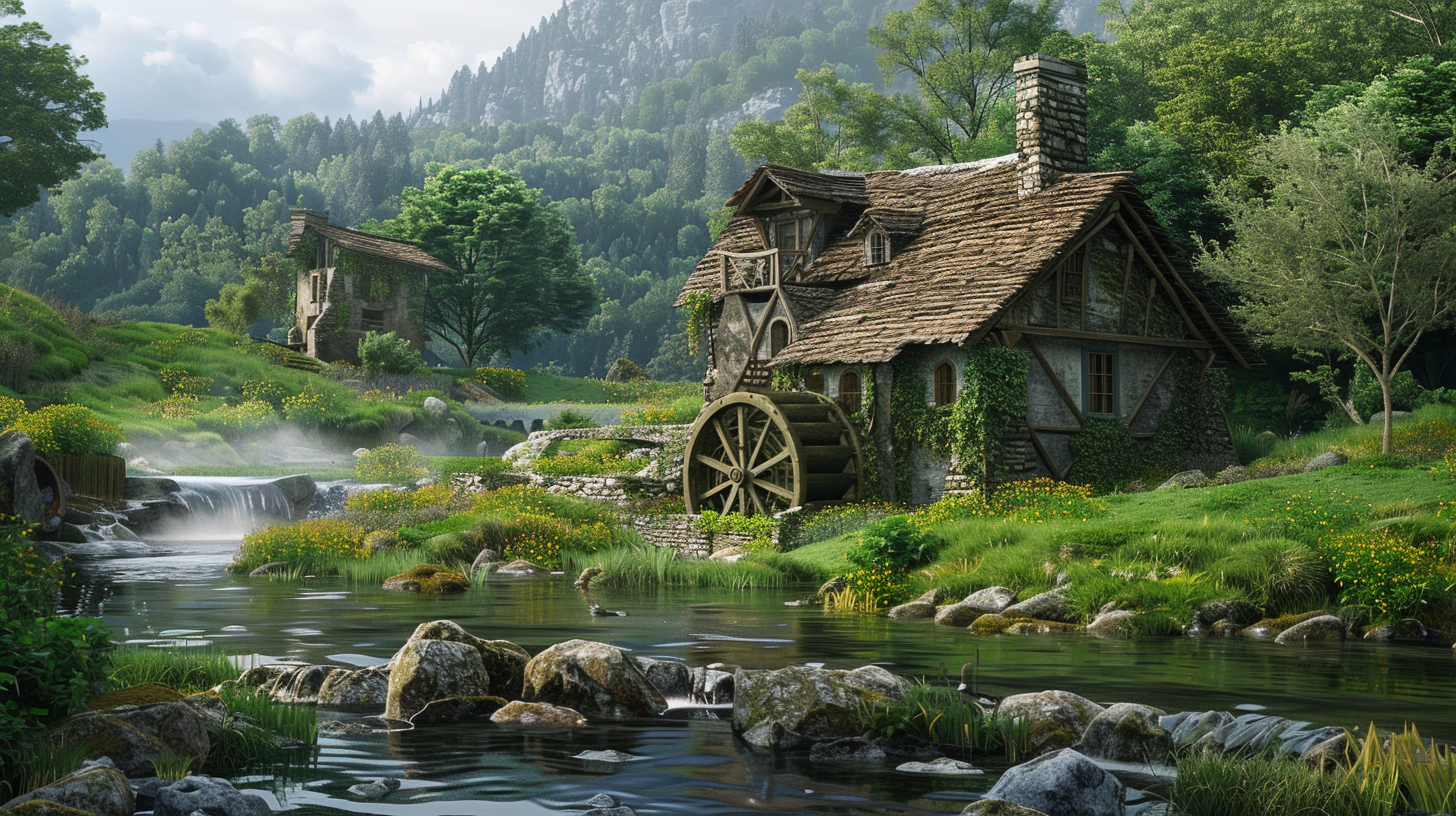 Rustic house by river, water mill, stone walls, lush grass.