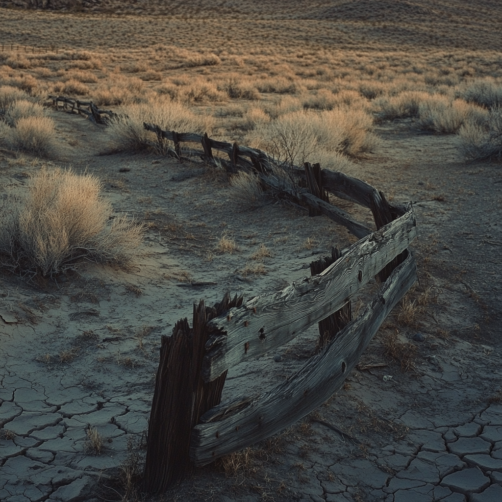 Rustic wooden fence in desert under dramatic lighting