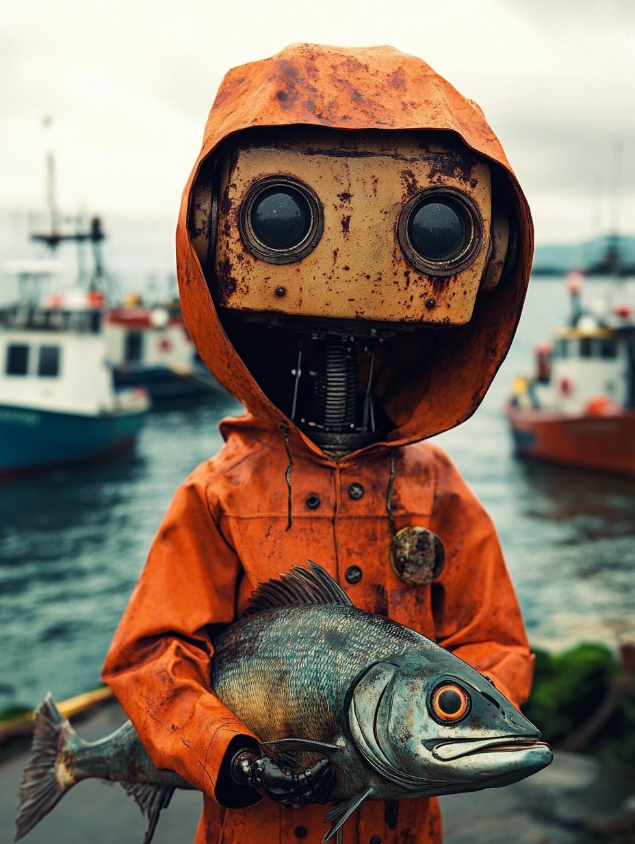 Rusty metal face robot boy holding giant fish.