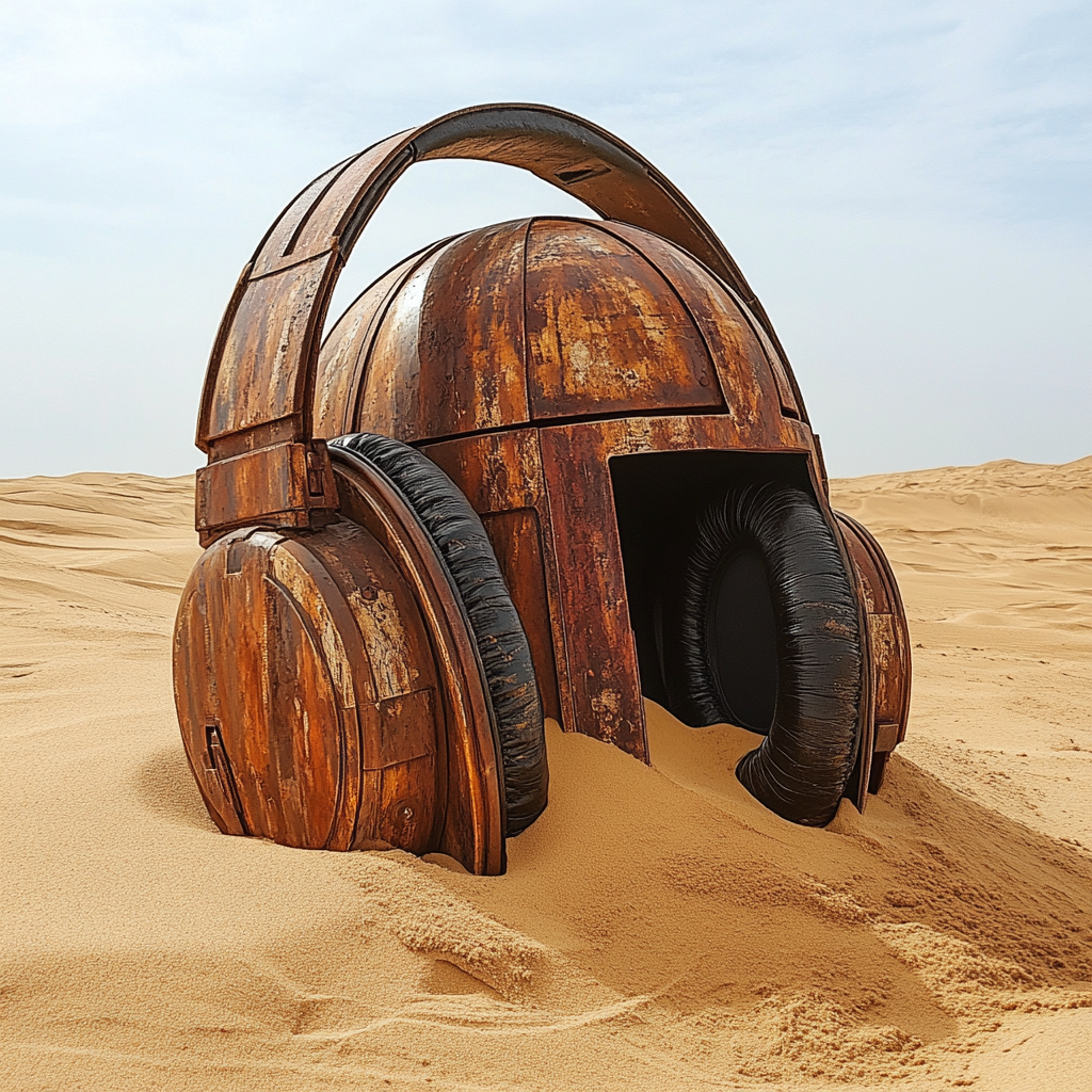 Rusty metal headphones in sand, like sandcrawler from movie.