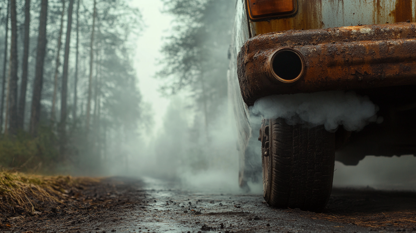 Rusty van's smoking exhaust in misty forest