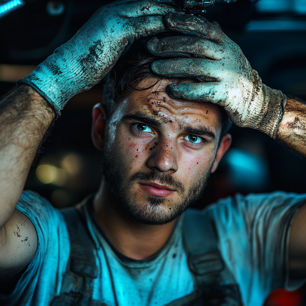 Sad American Worker Wearing Dirty LED Headlights