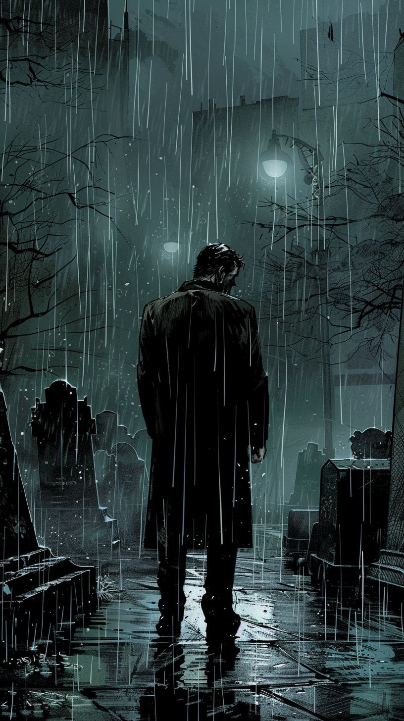 Sad Bruce Wayne at rainy funeral in dark comic art.