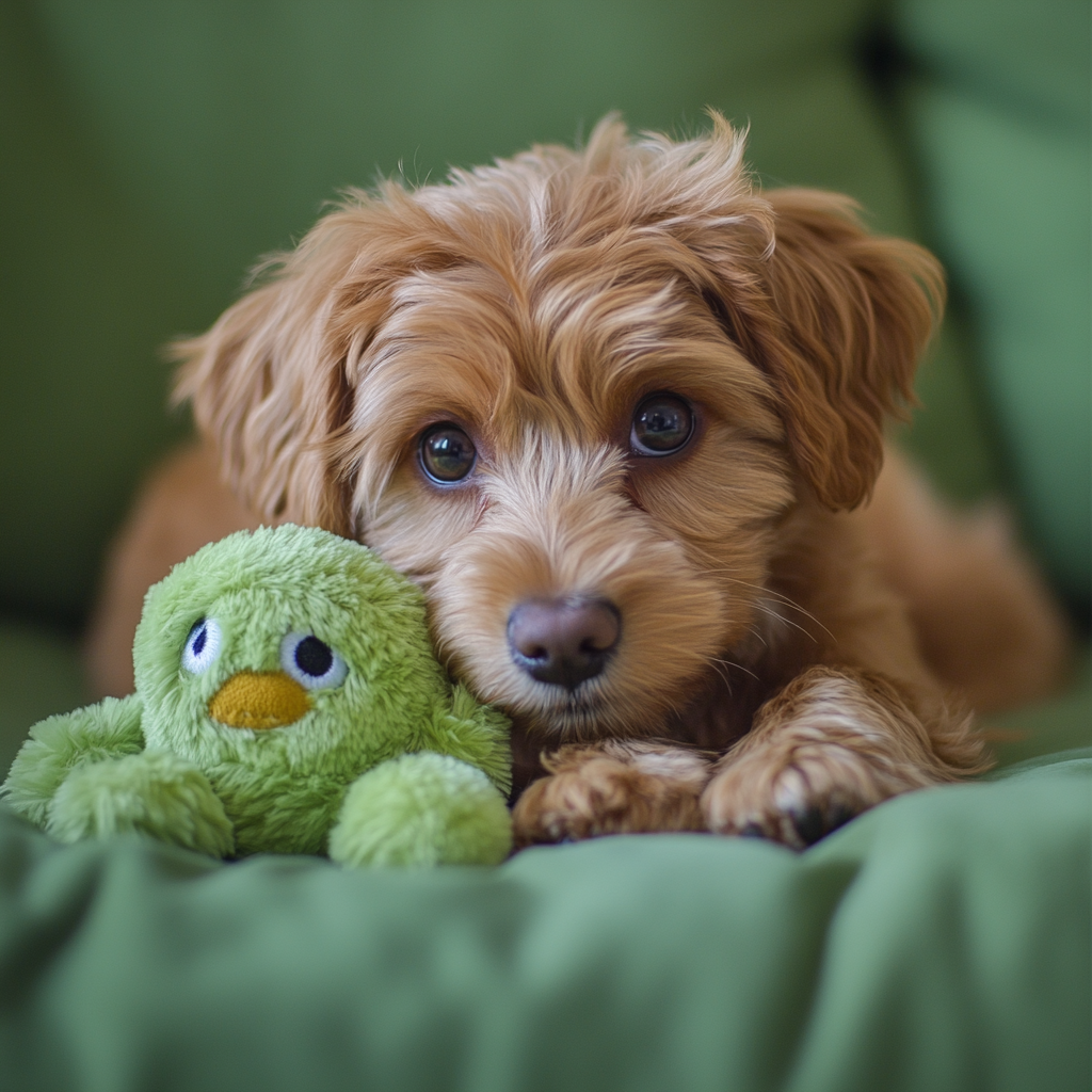 Sad Cavoodle puppy with toy in blurry green background.