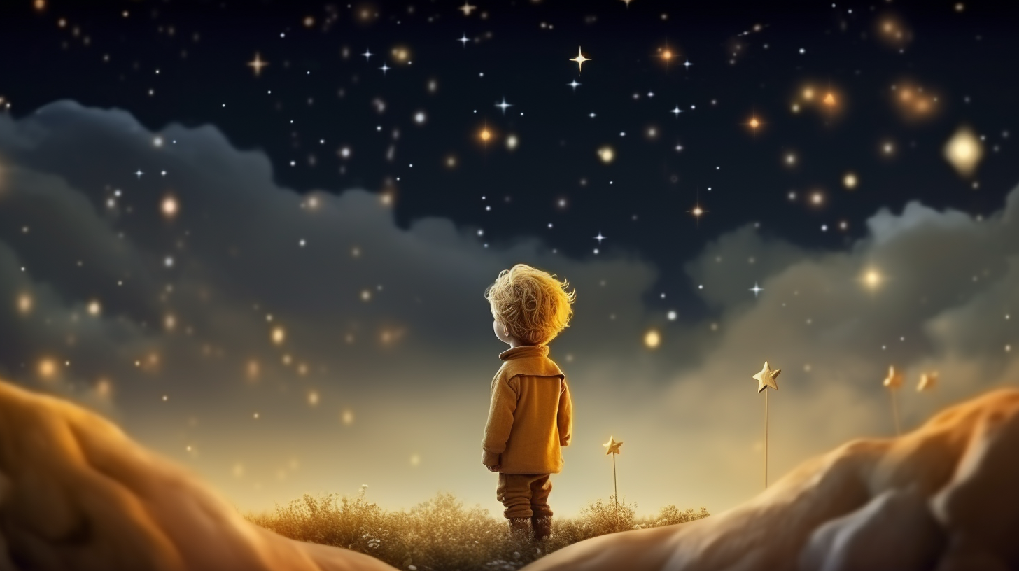 Sad Little Prince gazes at quiet stars.