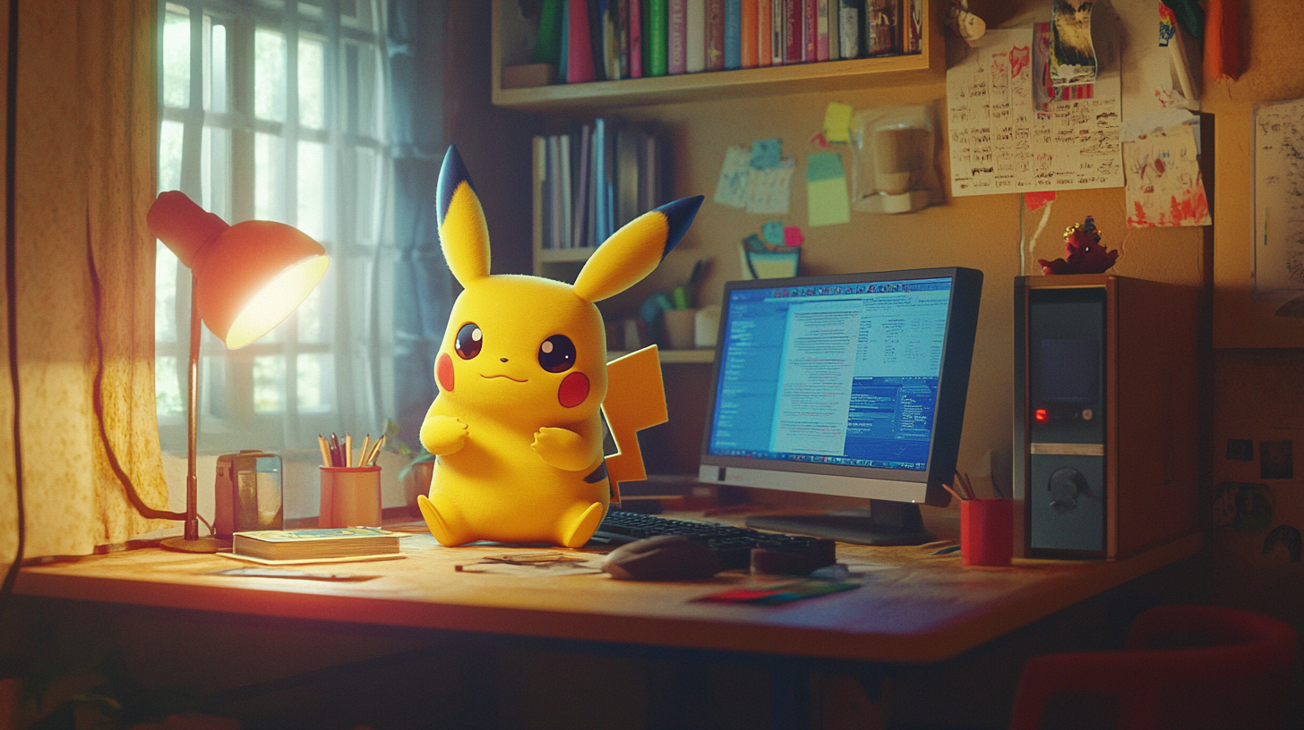 Sad Pikachu cries while doing homework on computer.