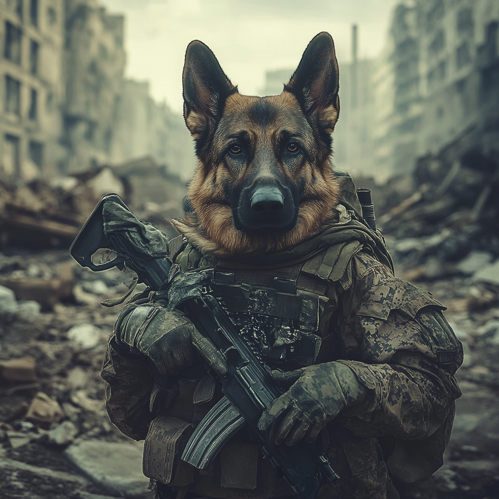 Sad Soldier Dog in Destroyed City