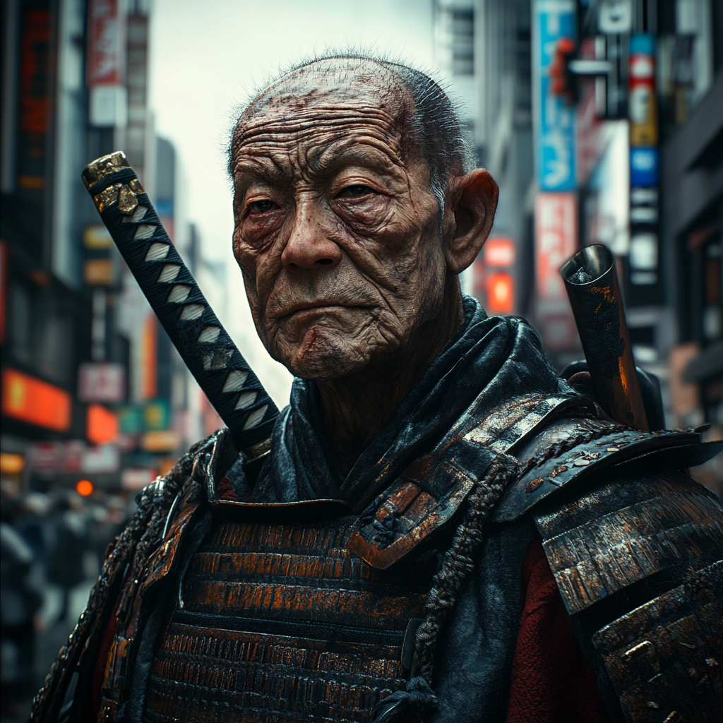 Sad and confused old samurai in modern Japan.