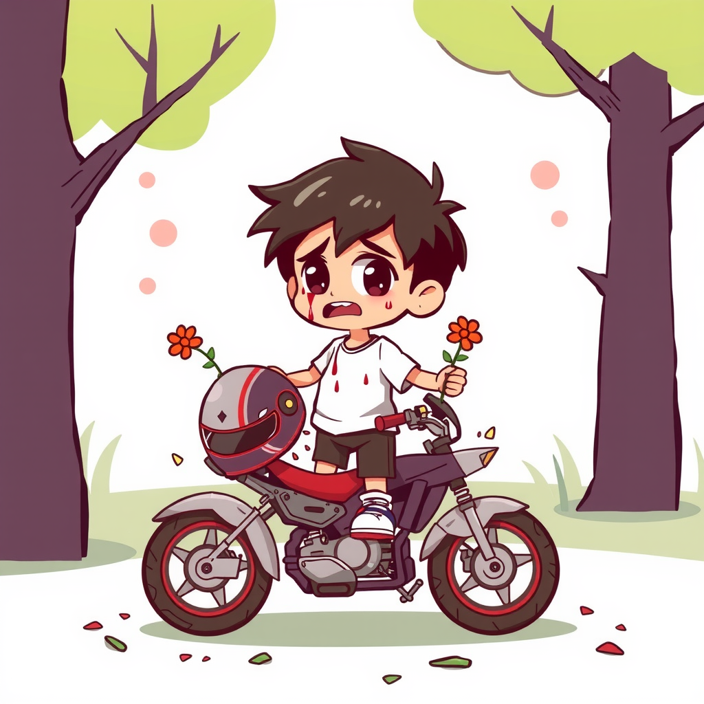 Sad boy with flower and helmet near broken motorcycle.