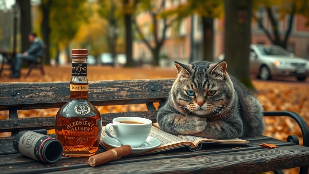 Sad cat sits in park with coffee, whiskey, cigar.