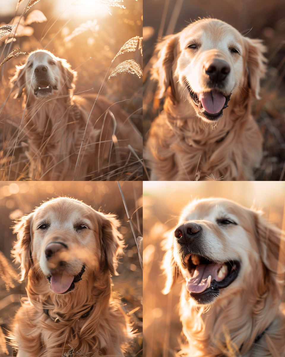 Sad golden retriever transforms to extremely happy on sunny day.