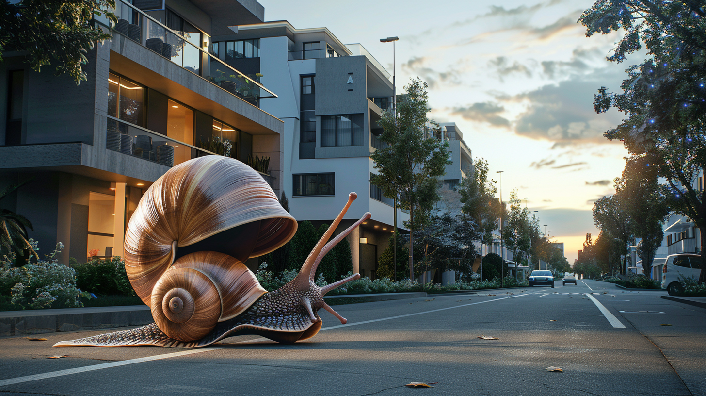 Sad real estate agent on snail in modern neighborhood.