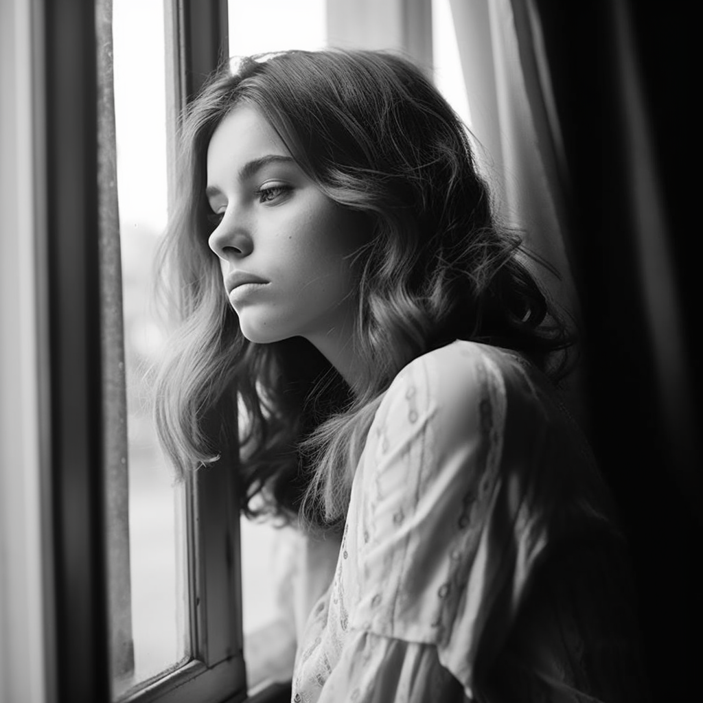 Sad young woman gazes out window in 70s.