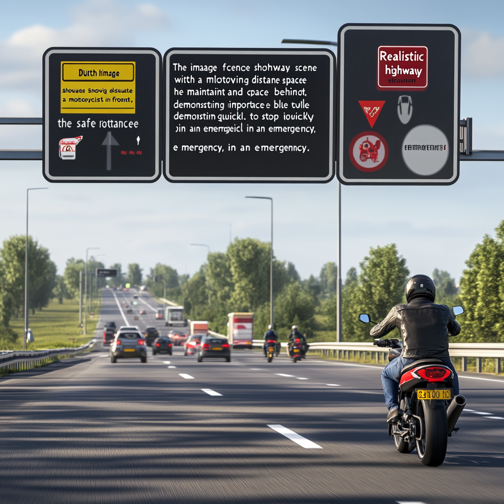 Safe following distance demonstrated with motorcyclist and cars.