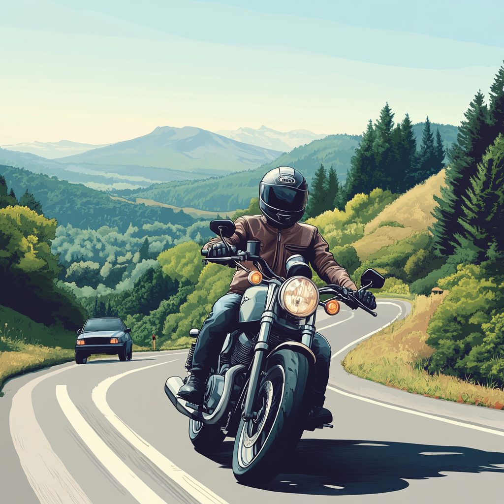 Safe motorcyclist enjoys scenic ride through lush landscape.