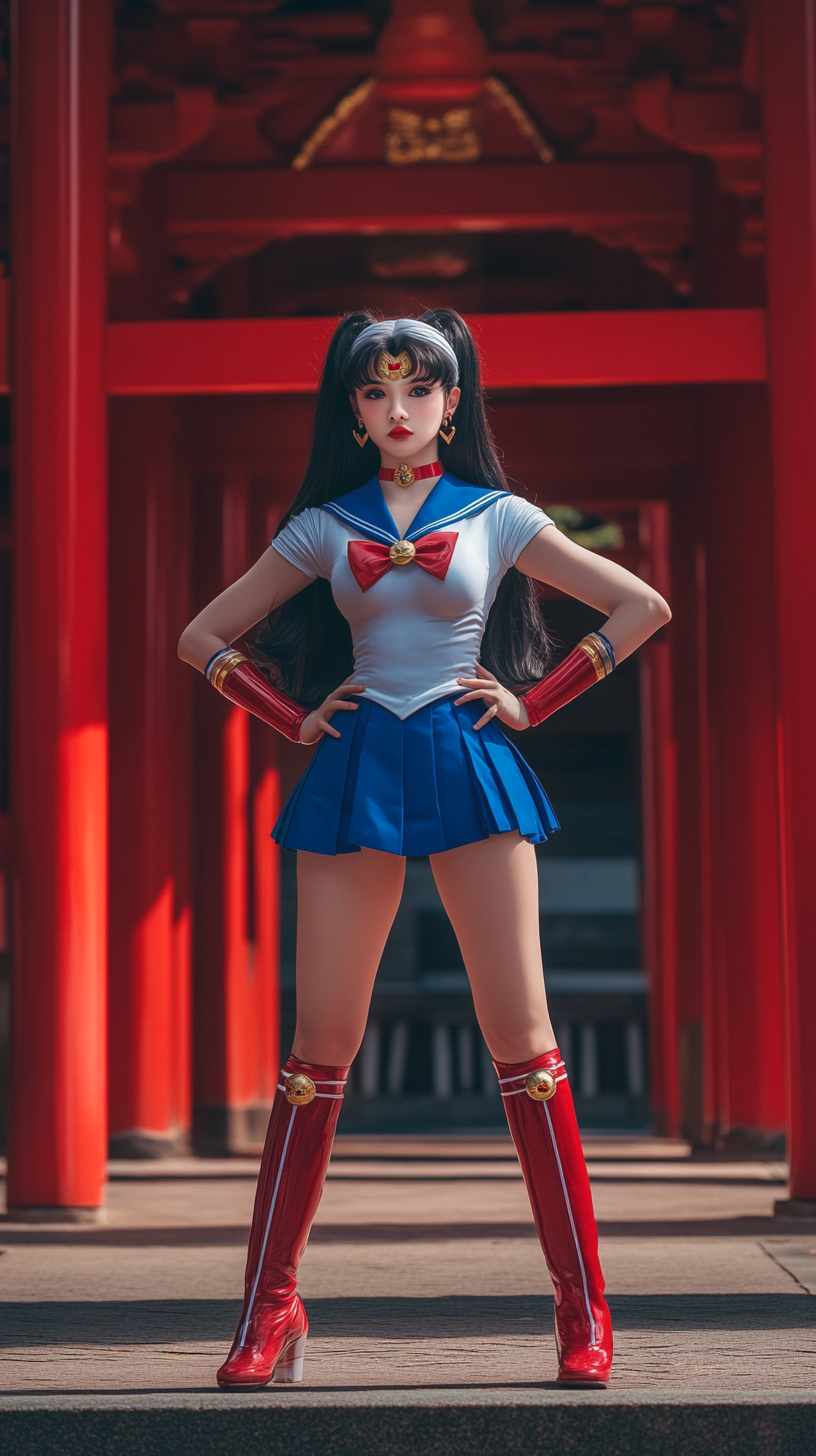 Sailor Moon cosplay: character in dynamic action stance.