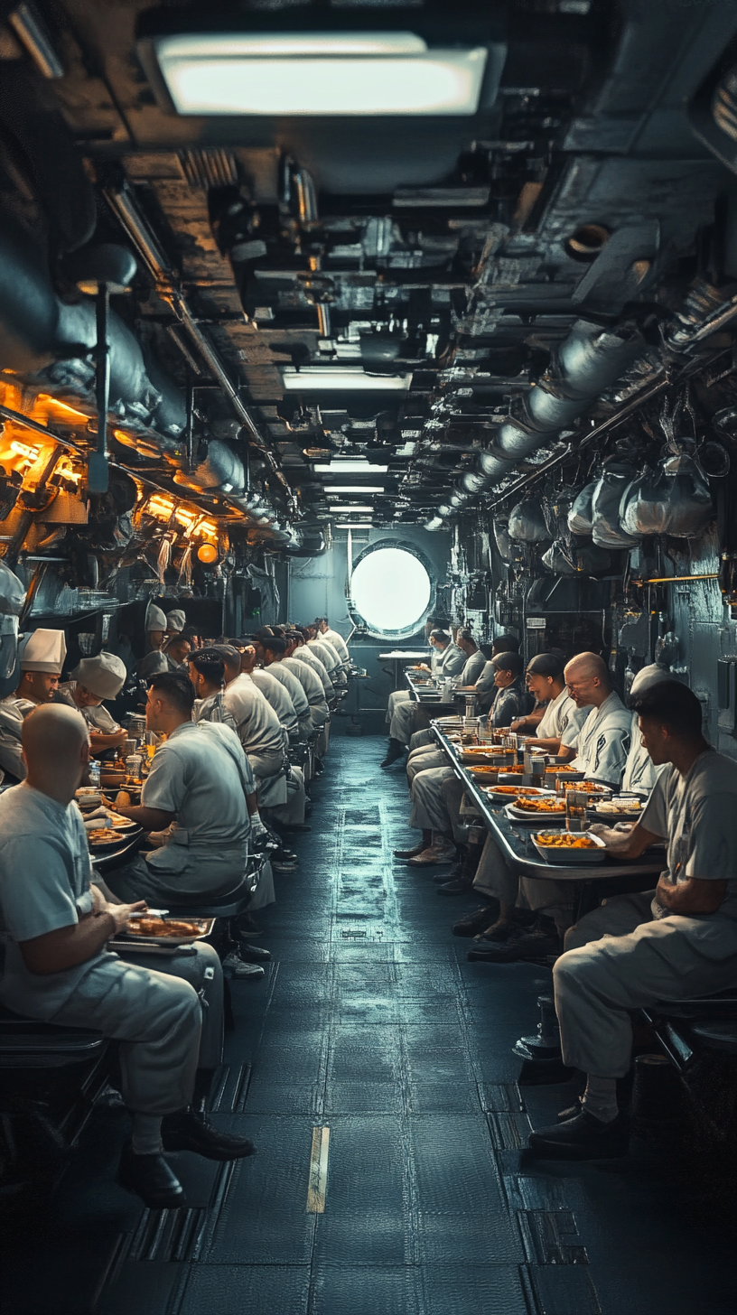 Sailors relaxing in mess hall after long day.