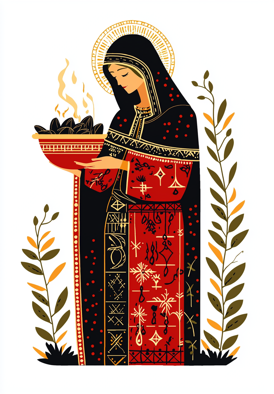 Saint Lucy Cooking Mussels - Slavic Style Illustration