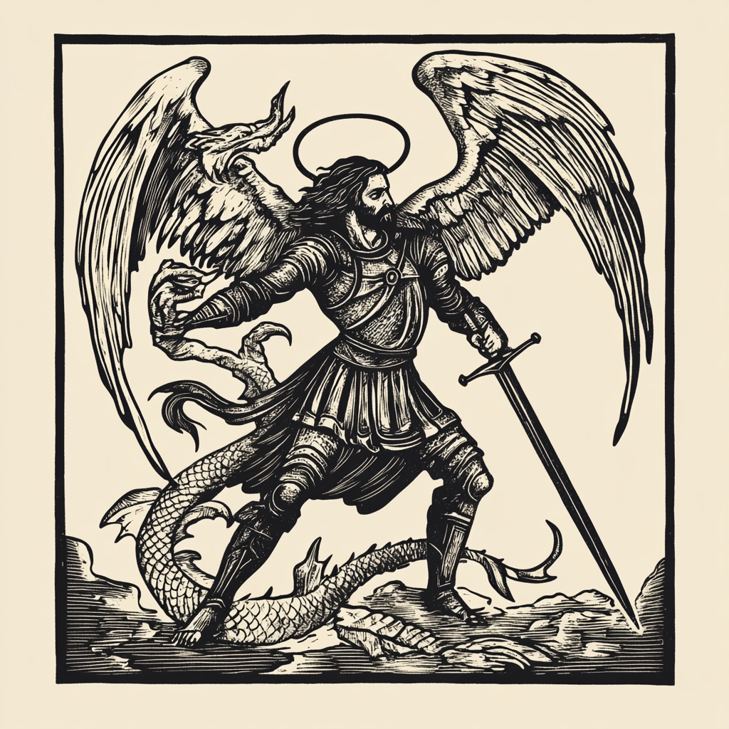 Saint Michael defeating the dragon in medieval art style.