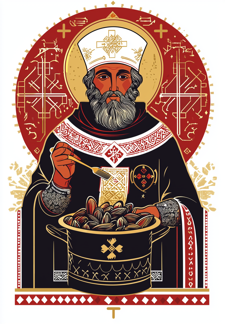 Saint Nicholas Cooking Mussels in Slavic Saint Icon Style