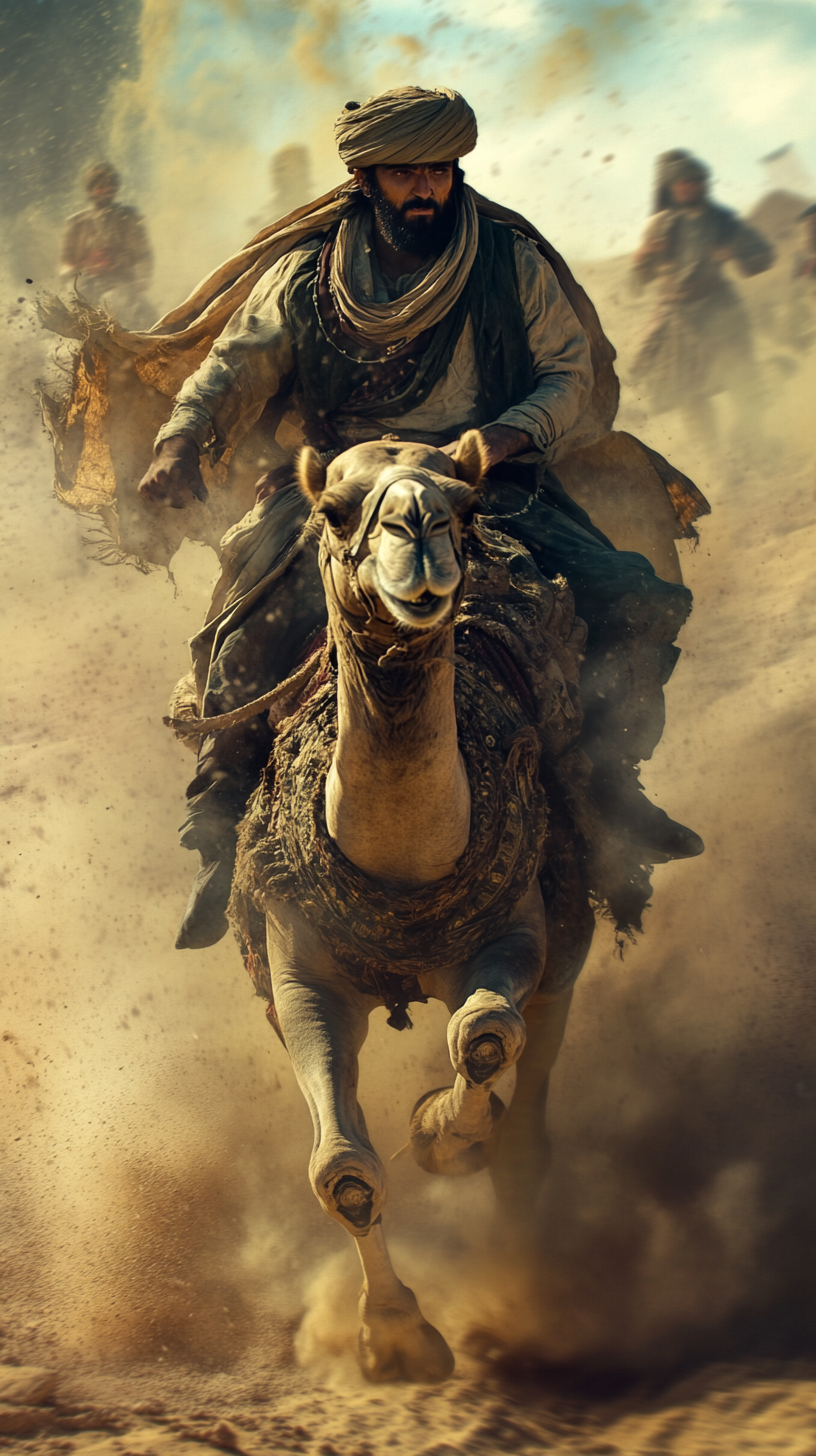 Saladin riding camel through desert, pursued by Baldwin's forces.