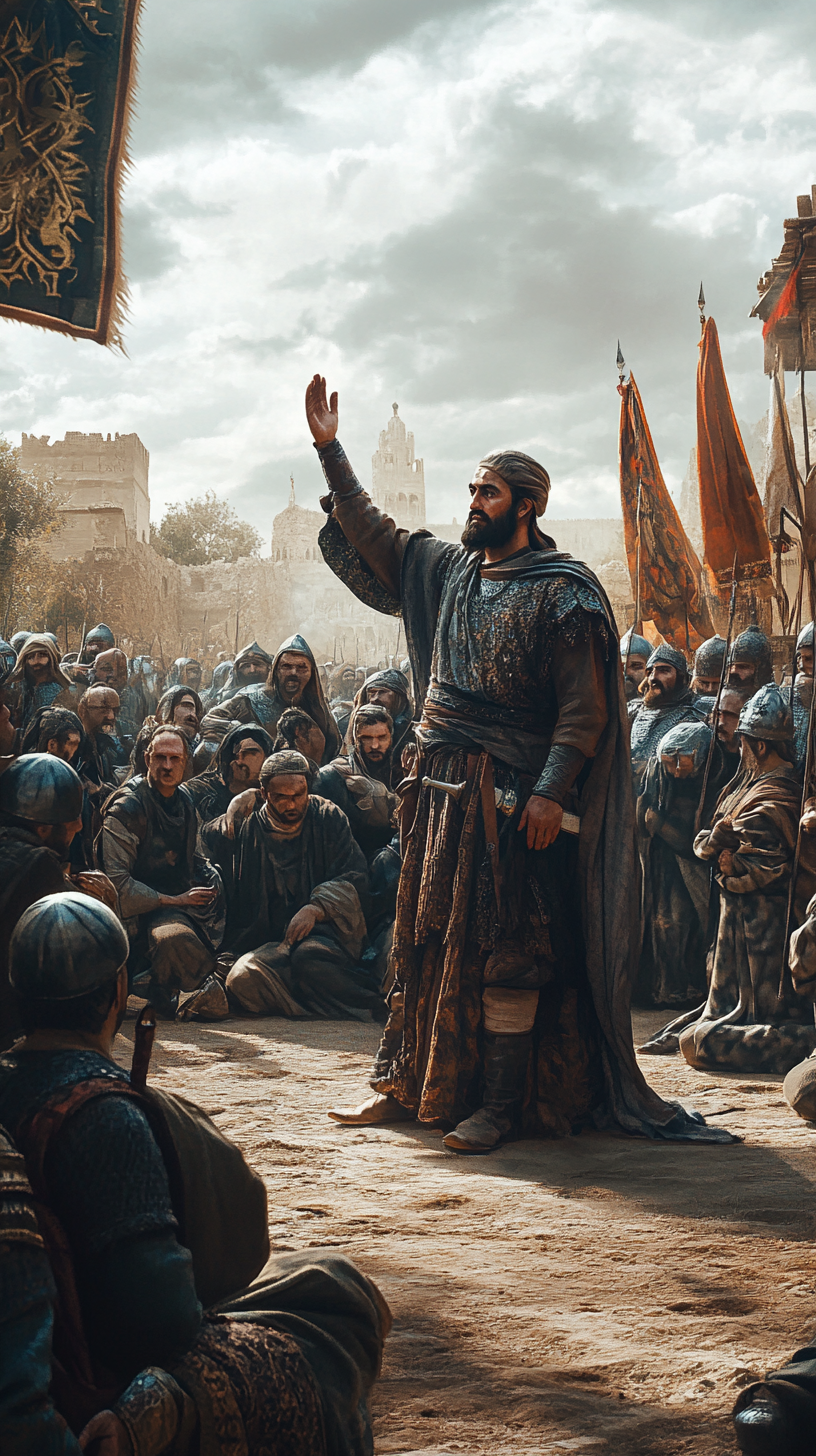 Saladin showing mercy to citizens after battle worshipfully grateful