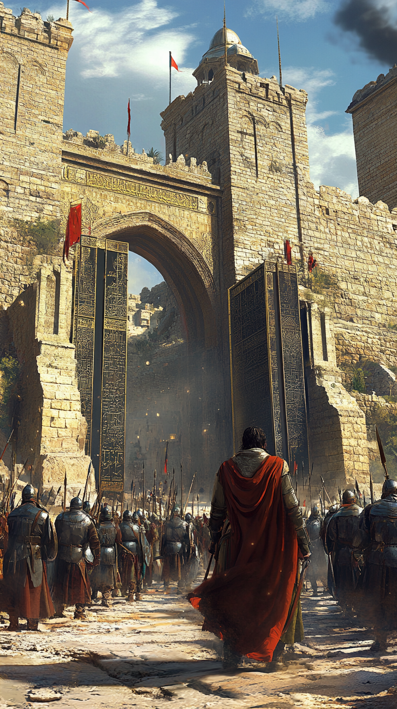 Saladin triumphantly enters Jerusalem with soldiers, city gates open.