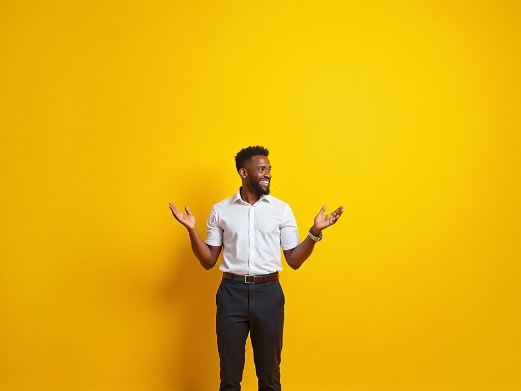 Sales Rep Showcasing Product on Yellow Background