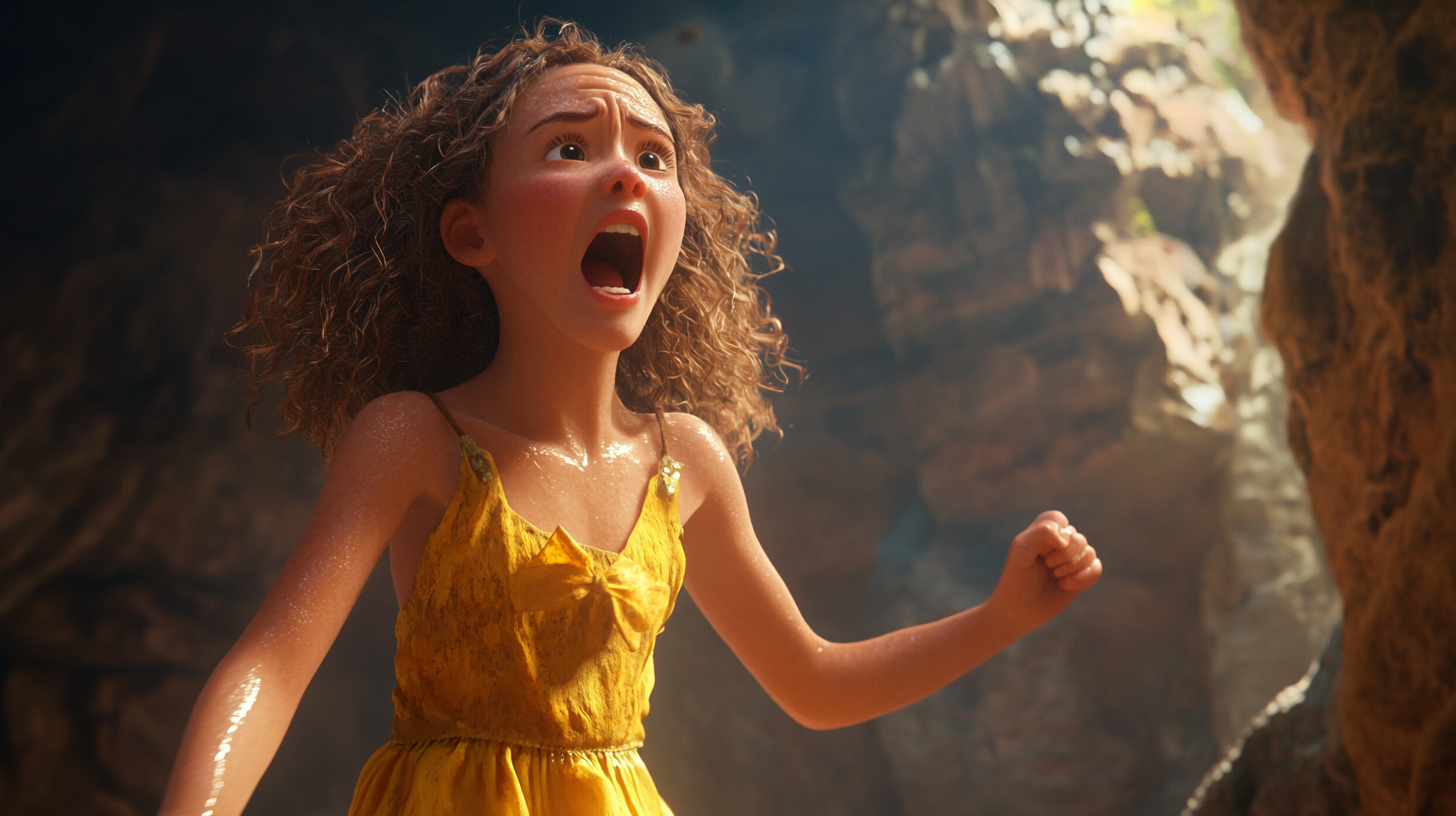 Sally, girl with curly hair, shouting in cave.