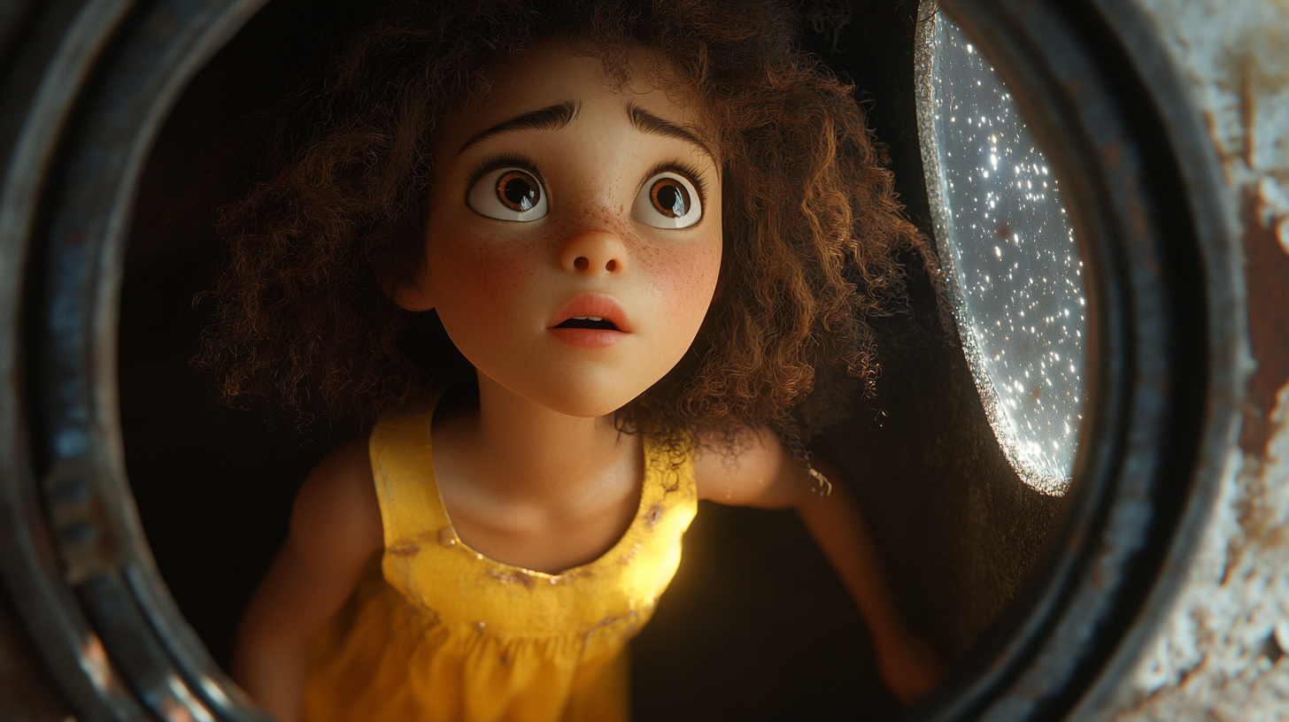 Sally, young girl with curly brown hair, gazing up, stars visible, yellow dress slightly dirty